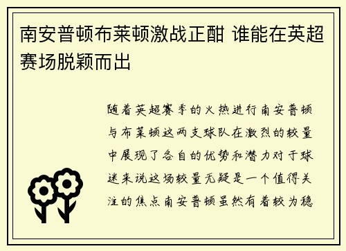 南安普顿布莱顿激战正酣 谁能在英超赛场脱颖而出